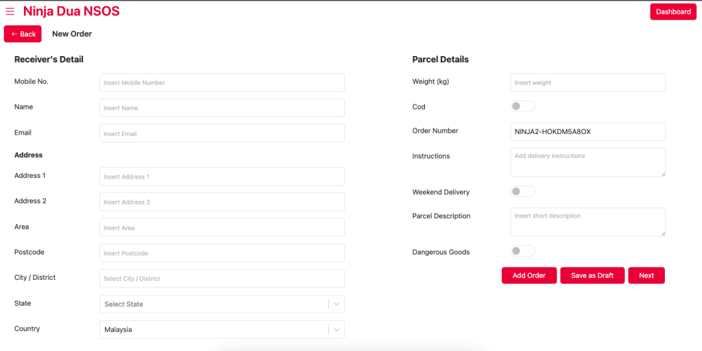 Insert Receiver and Parcel Details