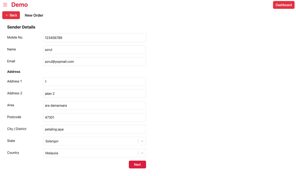 Sender page screenshot